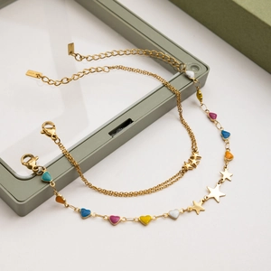 18K gold plated stainless steel bracelet set with colorful enamel hearts and stars
