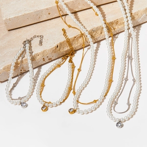 Collier Et Bracelet Double Couche En Acier Inoxydable Künstliche Perle De Coquillage Pendentif Zircone Bijoux Élégants Femmes