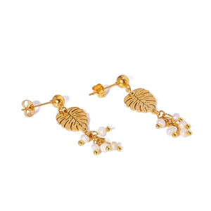 18K gold plated leaf design stainless steel earrings with white natural pearls