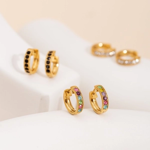 Elegant gold hoop earrings with colorful, black, and clear crystals for women