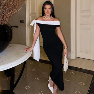 Elegant Off Shoulder Slim Fit Maxi Dress Contrast Black White With Large Bow Evening Party Formal For Women