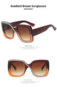 Detailed views of square sunglasses featuring brown-orange gradient and rhinestone cross trim