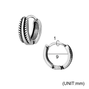 Detail view of vintage stainless steel hoop earring with engraved textures and 9mm inner diameter