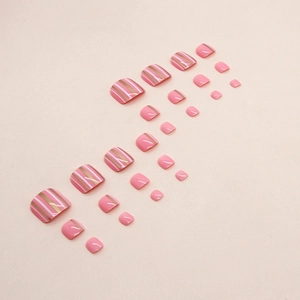 Unghie finte per piedi rosa con strisce orizzontali oro e bianche finitura lucida