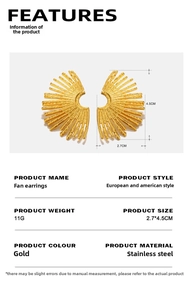 Detail view of 18K gold plated stainless steel fan earrings with size and weight specs
