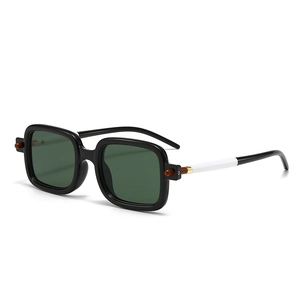 Modern square black sunglasses with dark green lenses and stylish tricolor temples