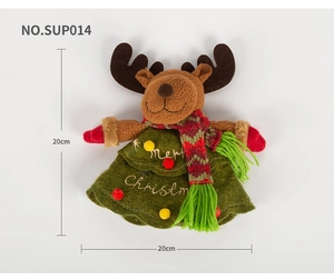 Detail of Christmas reindeer plush ornament with Merry Christmas embroidery and red scarf