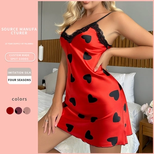 Nuisette En Satin Pour Femmes Dentelle Col En V Motif Coeur Camisole Dos Nu Vêtements De Nuit Respirants Élégants