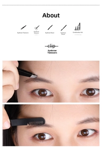 Detail view of black eyebrow tweezers and brush set with usage instructions on skin