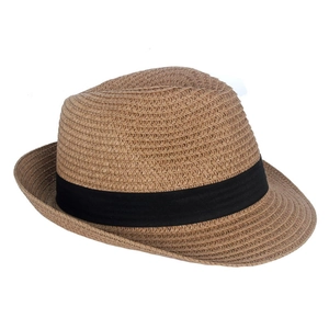 Detailed view of the natural brown straw weave texture on a classic sun jazz fedora hat