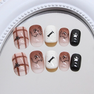 Faux ongles marron à carreaux avec dessins de chiots mignons, ensemble de 10 pièces