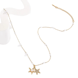Starfish pendant necklace with white pearls and rhinestones in 18K gold plated steel