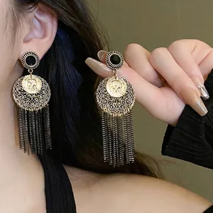 Boucles d'Oreilles Pendantes Vintage Pièce Portrait à Gland pour Femmes Alliage Plaqué Or Strass Bijoux à Franges Longues