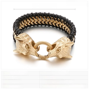 Detail view of gold wolf head leather bracelet with 230mm length specifications