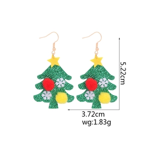 Detail view of green glitter Christmas tree earrings with size dimensions 5.22cm by 3.72cm