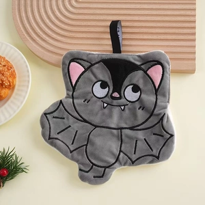 Gray bat-shaped coral fleece hand towel with hanging loop for Halloween kitchen decor