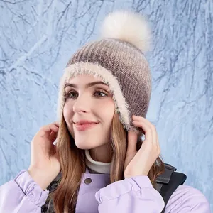 Women's gradient knit pom-pom hat with ear flaps and thick warm lining for winter
