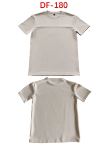 Detail view of cream short-sleeve T-shirt showing front and back silky fabric textures