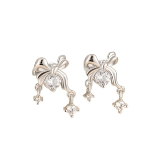 Elegant silver bow pendant stud earrings in titanium steel with clear crystal stones