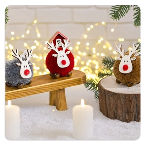 Three felt reindeer figurines with wooden antlers in a snowy holiday scene with bokeh