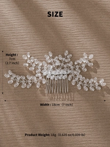 Size specifications for handmade crystal bridal hair comb showing 18cm width and 7cm height