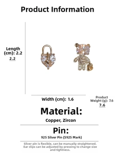 Detailed view of asymmetric bear and heart lock earrings with size and material specs