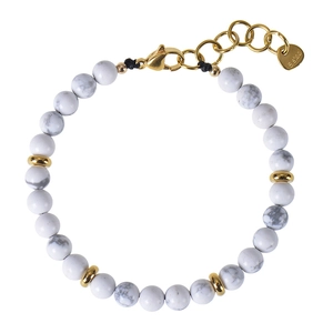 Detail of 6mm pink zebra stone beads and gold stainless steel clasp on a white background