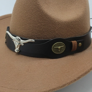Detailed close-up of brown felt cowboy hat with black leather band and silver bull head decor