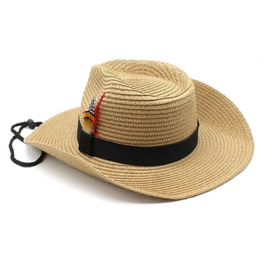 Wide brim straw cowboy hat with black ribbon, colorful feather and chin strap for sun protection