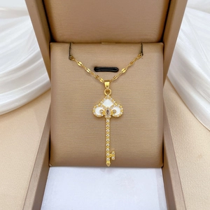 Key Pendant Necklace Titanium Steel Chain Copper Micro Inlaid Rhinestone White Enamel Elegant Clavicle Chain For Women