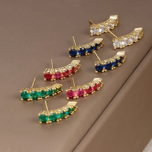 Elegant Geometric Curved Row Rhinestone Stud Earrings For Women Copper With 925 Sterling Silver Earring Post Gold Plated Party Jewelry