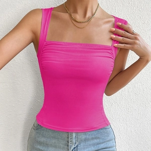 Slim fit ribbed rose pink tank top with square neckline and horizontal pleated texture