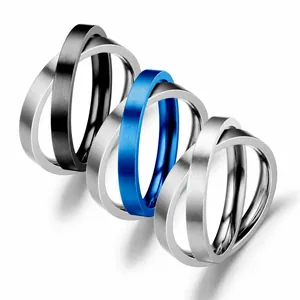 Minimalist titanium steel interlocking double rings for couples in black blue and silver