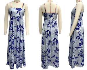 Detail of smocking elastic back and blue floral pattern on summer long dress