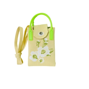Handmade knitted floral phone crossbody bag in yellow with green U-shaped handle