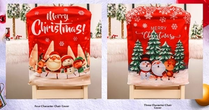 Detail view of two red Christmas chair covers with Santa and snowman cartoon illustrations