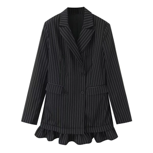 Blazer Femme À Rayures Double Boutonnage Ourlet À Volants Polyester Élégant Manches Longues Veste De Costume Mode
