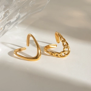Minimalist 18k gold stainless steel open rings with smooth V-shape and chain designs