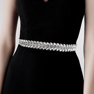 Close-up of sparkling double-row marquise rhinestone bridal belt on silver setting