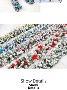 Detail of 2.7m frosted green Christmas garland with colorful ornaments and pine cones