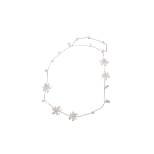Elegant silver flower waist chain necklace with pearl accents and metallic floral design