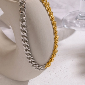 Two-tone mixed gold and silver chunky Cuban chain necklace made of stainless steel