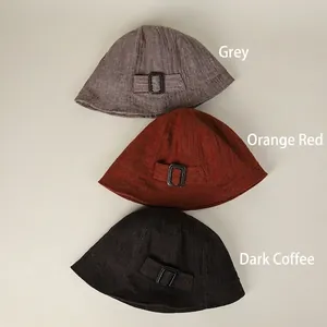 Linen bucket hats for women in grey, orange and brown with decorative side straps