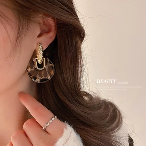 Golden hammered metal earrings with leopard print rings and silver textured ring on model