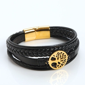 Black multilayer braided leather bracelet with gold tree of life charm and magnetic clasp