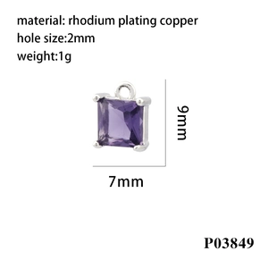 Detailed specs of rhodium plated copper square pendant with purple cubic zirconia