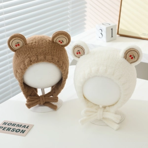 Bonnet De Protection Des Oreilles Bébé Hiver Peluche Oreilles D'Ours Broderie Cerise Chaud Coupe-Vent Enfant Avec Liens
