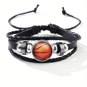 Multilayer braided leather sports bracelet with orange basketball glass dome charm for men