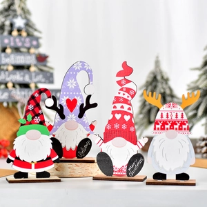 Christmas Wooden Gnome Ornaments Colorful Plaid Snowflake Heart Desktop Tabletop Home Party Festive Decor Cartoon Cute