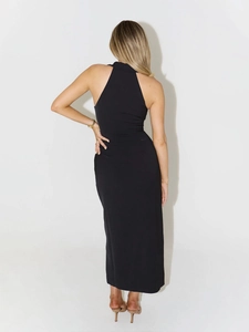 Elegant black halter neck maxi dress with slim fit and racerback design for women